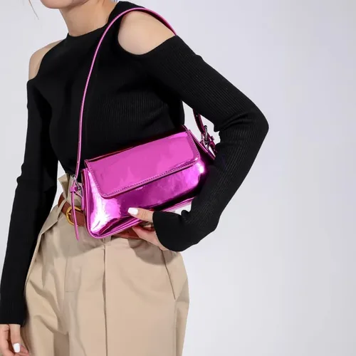 Vista 3 de Bolso de noche metálico plateado para mujer, Y2K, bolso de hombro de cuero plateado brillante para baile de graduación, boda, fiesta