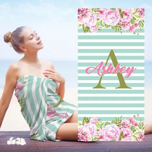 Vista 22 de Toallas de playa personalizadas para bebé niña con nombre para niños y adultos, toalla de baño de algodón con flores de acuarela personalizadas