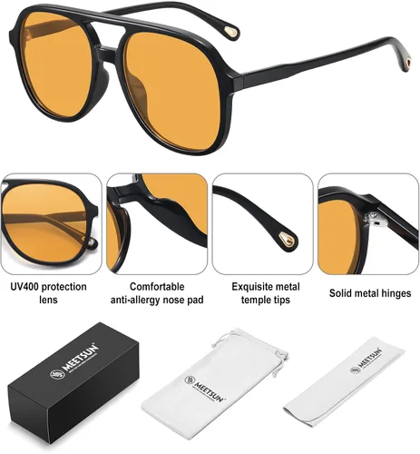 Vista 4 de MEETSUN Lentes de sol estilo aviador retro de gran tamaño para mujeres y hombres, cuadrados, de los años 70, estilo vintage