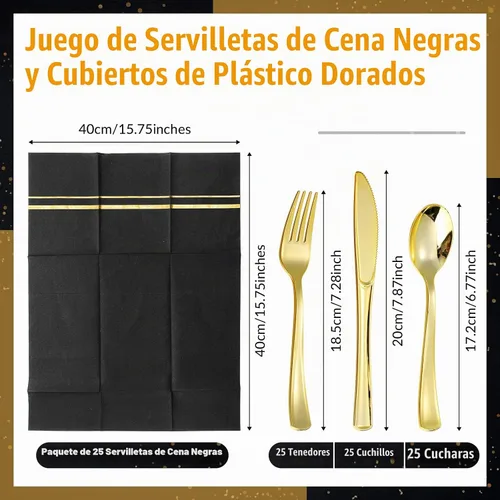 Vista 2 de Ireer 100 piezas de cubiertos de plástico negro dorado con servilletas para Juego de cubiertos desechables negros y dorados con tenedores
