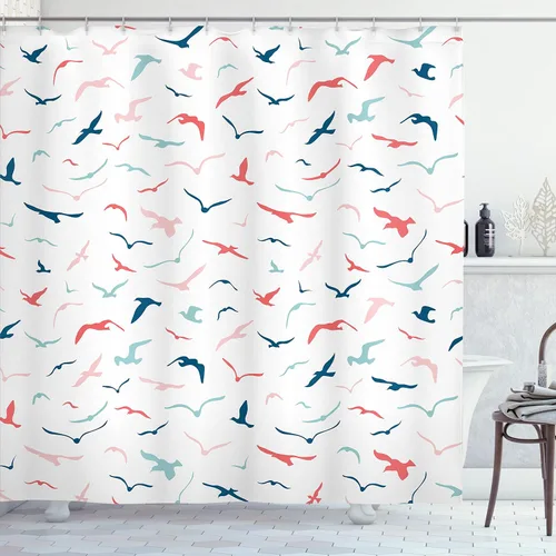 Vista 136 de Ambesonne Cortina de ducha de gaviotas, cielo nublado y gaviota voladora, imagen de meteorología de paisaje nublado, juego de decoración de baño