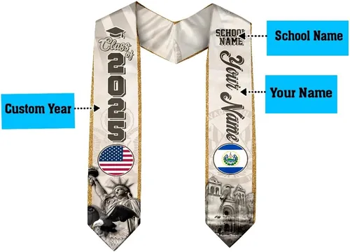Vista 3 de IZI POD Banda de graduación personalizada de la bandera estadounidense de los salvadoreños, banda de graduación de salvadoreños, estola
