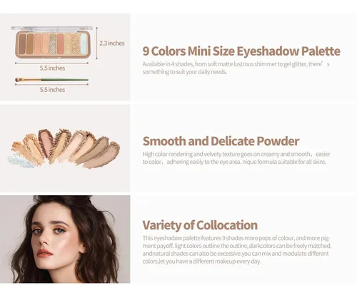 Vista 6 de Paleta de sombras de ojos, altamente pigmentada, con purpurina coreana, paleta de sombras de ojos mate a brillante con 3 pinceles de sombra de ojos