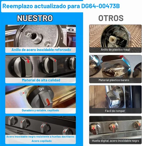 Vista 2 de [Actualizado] DG64-00473B Perillas de estufa de acero inoxidable negro compatibles con estufa de horno de gas Samsung, perilla de control