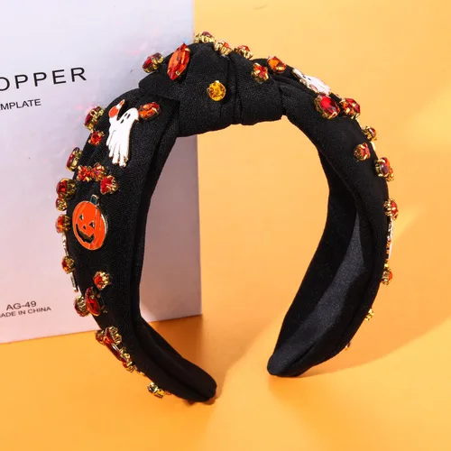 Vista 3 de Diadema de Halloween morada espeluznante con cuentas anudadas para mujer, perlas brillantes, calabaza, araña, murciélago, esqueleto, fantasma, nudo