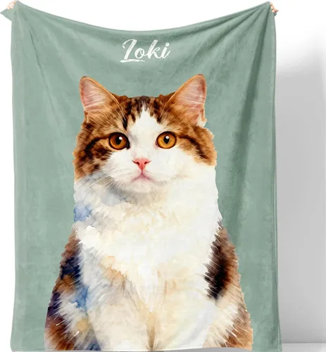 Vista 14 de Manta personalizada con cara de gato y nombre de forro polar suave, divertida manta de fotos de varios tamaños, mantas personalizadas para sofá