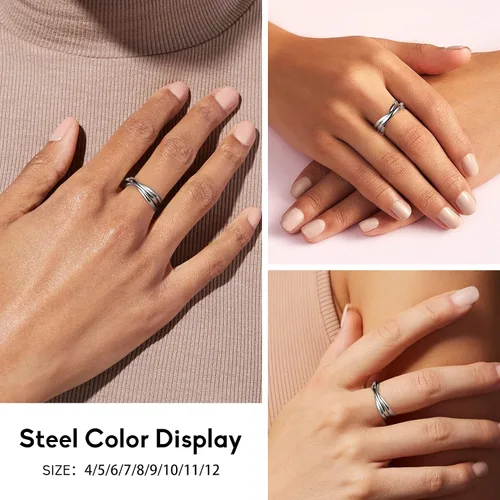 Vista 2 de Bestyle Anillos entrelazados para mujeres y niñas, anillos cruzados apilables de acero inoxidable en tono plataorooro rosanegro, anillo de promesa