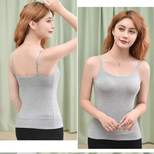 Vista 7 de Camisolas ajustables para mujer con brasier integrado, camiseta sin mangas de algodón elástico, tirantes delgados, cuello redondo
