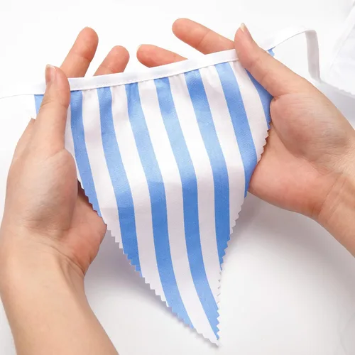 Vista 5 de GCQQ Banderines azules y blancos de 39 pies para decoración de fiesta, 42 banderines grandes a rayas, guirnalda de triángulo de algodón para baby