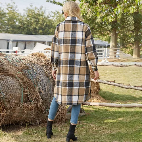 Vista 2 de Ainangua - Camisa informal larga de mezcla de lana a cuadros para mujer, chaqueta con botones y bolsillos