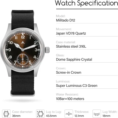 Vista 6 de Militado D12 Reloj militar para hombre VD78 cuarzo cristal de zafiro C3 súper luminoso 1.417 in dial estilo militar relojes de vestir, 100M