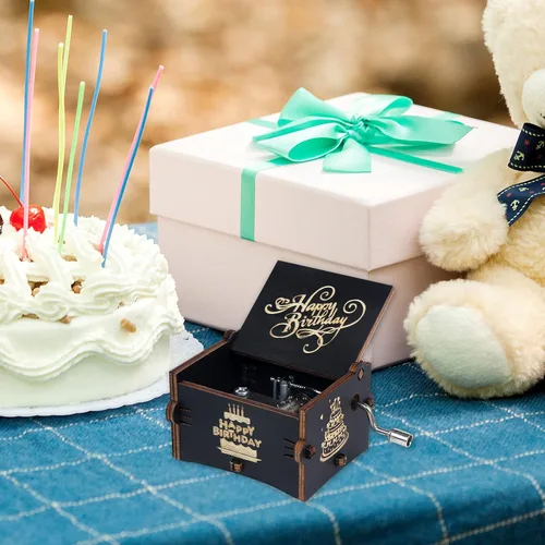 Vista 7 de Caja de música de feliz cumpleaños, con manivela grabada, cajas musicales de madera vintage, regalo para novio, novia, mamá, papá, niños, abuela