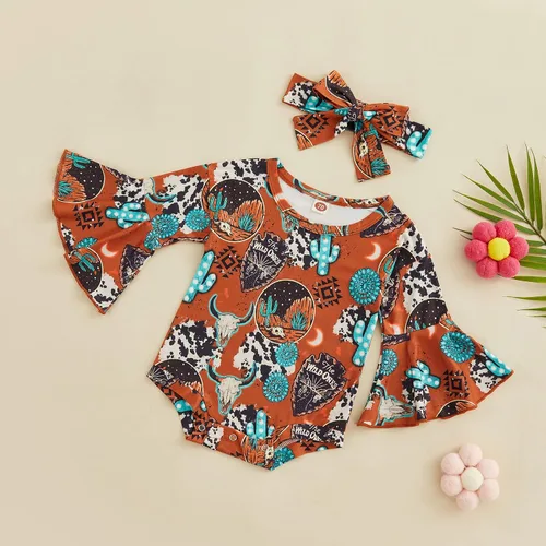 Vista 3 de Kayotuas Mameluco de manga acampanada para bebé niña con estampado de vaca floral con diadema para bebé