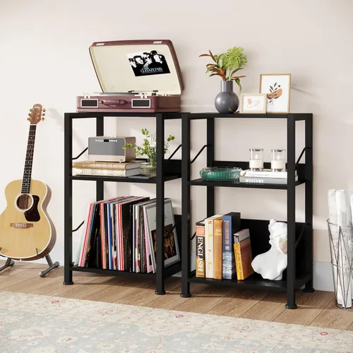Vista 6 de Hosfais Soporte para tocadiscos de 3 niveles, discos de vinilo retro para almacenamiento de discos de vinilo para sala de estar y dormitorio (negro)