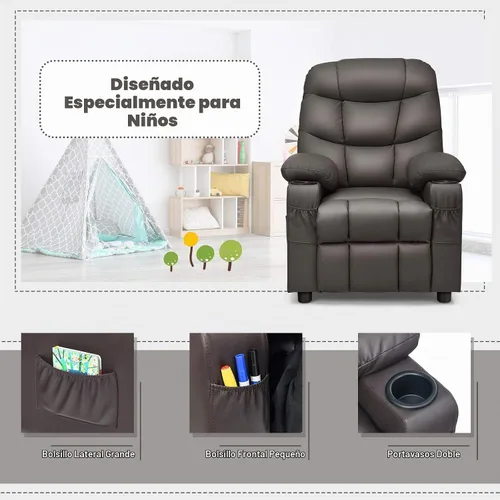 Vista 6 de GLACER Silla reclinable para niños con portavasos, bolsillos laterales Marrón