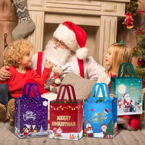 Vista 4 de Fayayuan Paquete de 16 bolsas de regalo de Navidad de tamaño mediano, bolsas reutilizables no tejidas con asas, perfectas para envoltura