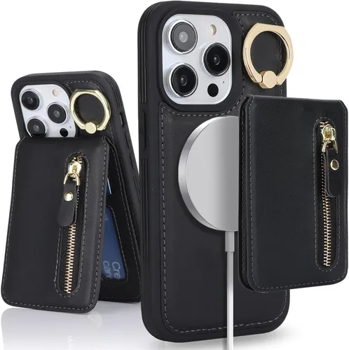 Vista 35 de para iPhone 14 Funda con soporte magnético Magsafe compatible, llavero de cuero PU plegable con soporte desmontable, funda tipo cartera 2-en-1