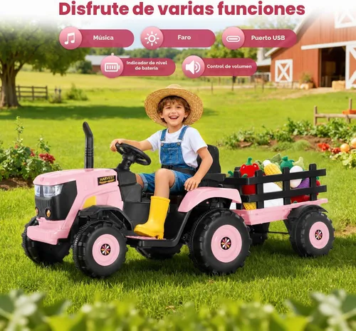 Vista 10 de Tractor de paseo de 24 V para niños, remolque desmontable, rosa