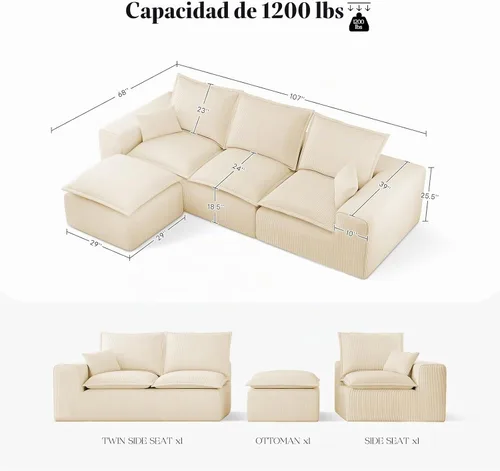Vista 2 de Cómodo sofá Cloud de 107" con chaise en forma de L y asiento profundo, sofá seccional modular en una caja, sofás tapizados sin estructura para sala
