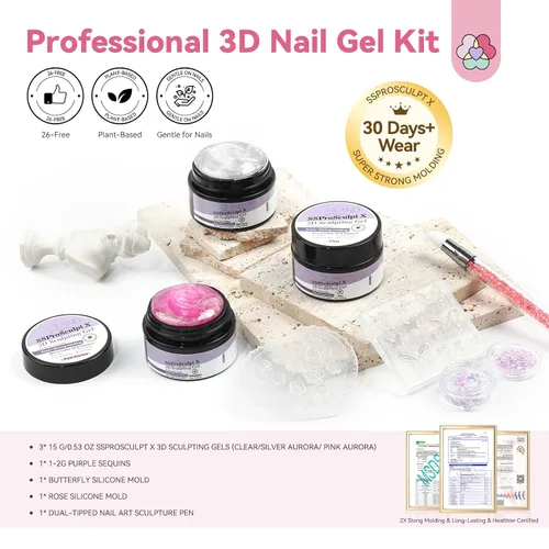 Vista 2 de SAVILAND Kit de gel de uñas Solid Builder: Aurora Silver Pink Clear 3D Sculpting Gel con moldes de silicona de flores de rosa y lápiz de tallado