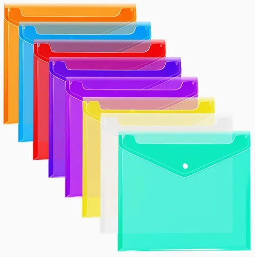 Vista 2 de Sobres de plástico (paquete de 8) – 8 colores, tamaño A4, carpeta de archivos de polietileno con cierre a presión para la organización escolar