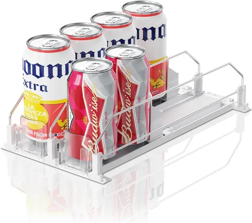 Vista 10 de Organizador de Bebidas para Refrigerador, 12oz 16oz 20oz - Dispensador de Latas de Refresco para Refrigerador, Ancho Ajustable, Deslizador Negro