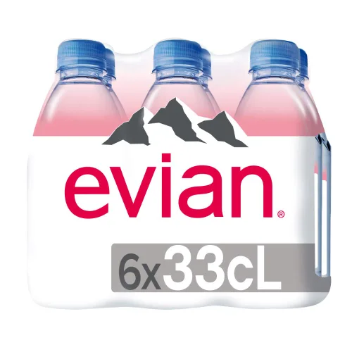 Vista 2 de evian Agua de manantial natural, agua de manantial natural embotellada, botellas de agua, agua de manantial filtrada naturalmente en botellas