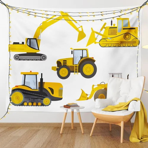 Vista 9 de Lunarable Tapiz de dibujos animados, inspirado en la animación, dibujo de maquinaria pesada, impresión de excavadora, decoración de tela para colgar