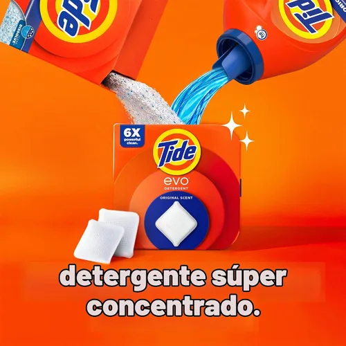 Vista 2 de Tide evo Detergente para ropa original que funciona en el 100% de las manchas comunes, detergente concentrado de viaje compatible con HE