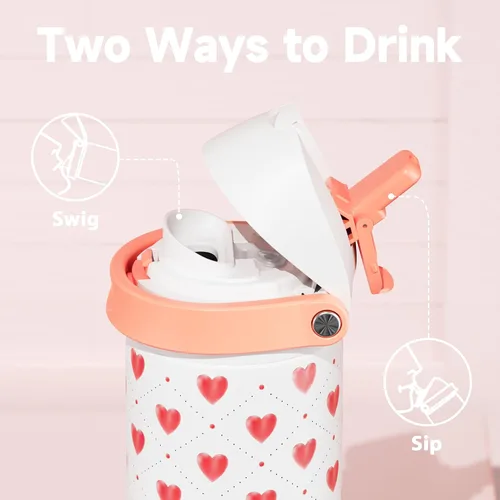 Vista 2 de Botella de agua de 24 onzas para el día de San Valentín: Botella de agua de acero inoxidable Meoky con popote y tapa de boquilla, a prueba de fugas