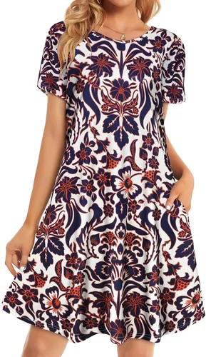 Vista 32 de Vestidos de verano para mujer, informales, holgados, estilo camiseta, florales, de manga corta, con vuelo y bolsillos, para la playa