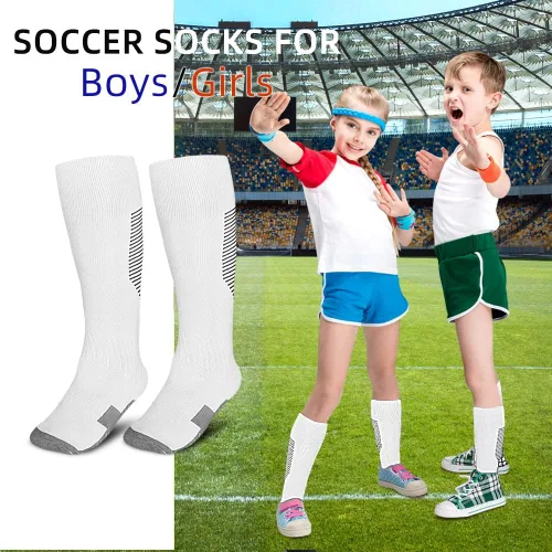 Vista 7 de ZEPOHCK Calcetines deportivos de fútbol para niños, 2 pares de calcetines altos hasta la rodilla para niños y niñas para zapatos de talla 3-6.5