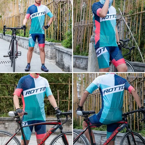 Vista 3 de ROTTO Conjunto de camiseta y pantalones cortos de ciclismo para hombre, ropa de ciclismo de manga corta y pantalones cortos acolchados