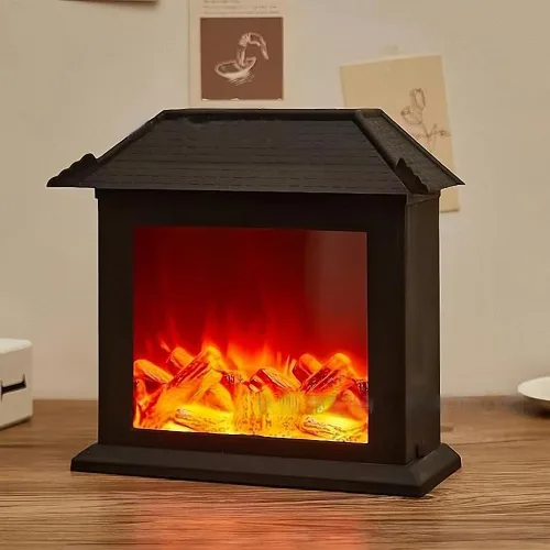 Vista 17 de Farol de chimenea pequeño y acogedor tradicional realista con efecto de llama de leña, luz LED, estilo carbón, lámpara de mesa