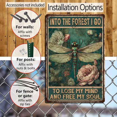 Vista 4 de LIUAXICIA Letreros divertidos de metal con texto en inglés «Into The Forest I go to Lose My Mind and Free My Soul Dragonfly», decoración de pared