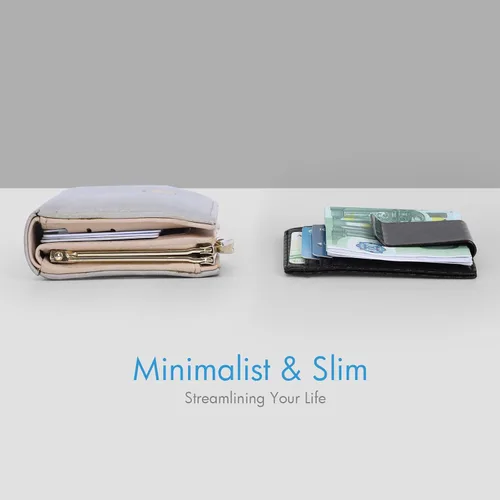 Vista 4 de Travelambo Clip para dinero para hombre, de piel, delgado, minimalista, con bloqueo RFID (tejido negro), Tejido negro, Minimalista
