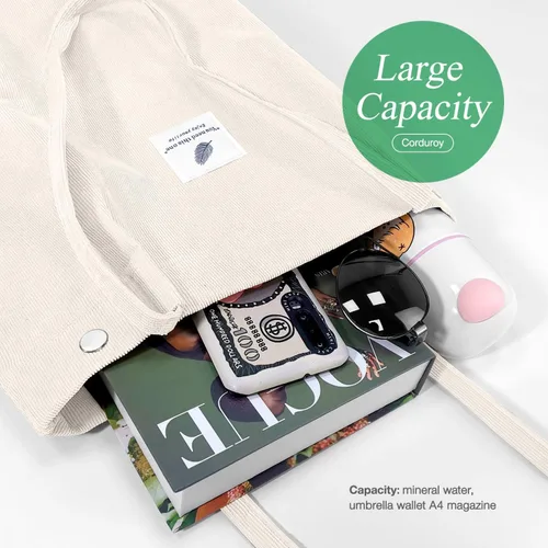 Vista 3 de Bolsas de pana para mujer, bolsa de pana de gran capacidad, reutilizable, con bolsillos interiores