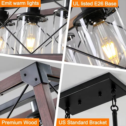 Vista 2 de Lámparas colgantes rústicas de casa de campo, candelabros para comedor y cocina, accesorios de luz de isla de 5 luces, candelabro de madera sobre
