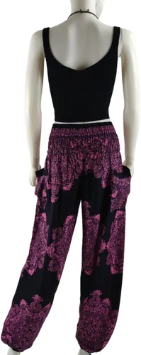 Vista 3 de Kraft4Life Pantalones harén de yoga con cintura fruncida para mujer, estilo bohemio, bohemio, hippie, 2 bolsillos
