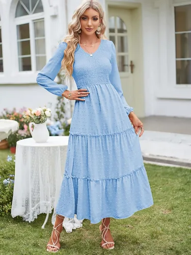 Vista 2 de ZAFUL Vestido largo con cuello en V para mujer, con bolsillos, cintura alta fruncida, cintura alta, casual, escalonado, acampanado