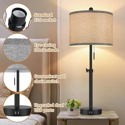 Vista 4 de Kondras Table Lamps for Bedroom Set of 2, 23''-30'' Adjustable Height Bedside Lamps with 2 USB Ports, Black Nightstand Lamps with Grey Linen Shade