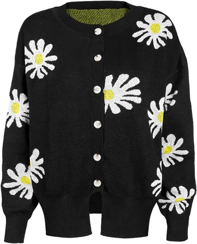 Vista 5 de Suéter de punto para mujer, cárdigan con botones, estampado de margaritas, suéter de manga larga, cárdigan ligero e informal