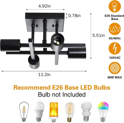 Vista 4 de Lámpara industrial de techo semiempotrada de 4 luces, lámpara de araña negra de granja, moderna lámpara de techo Sputnik con base E26 para cocina