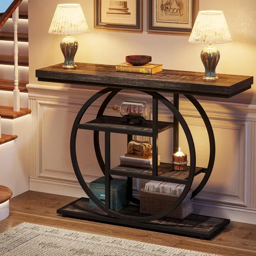 Vista 4 de Tribesigns Mesa de Consola de 41.3", Mesa Industrial de 4 Niveles para Sofá Mesa de Entrada con Base Circular, Mesas de Acento de Madera Estrechas