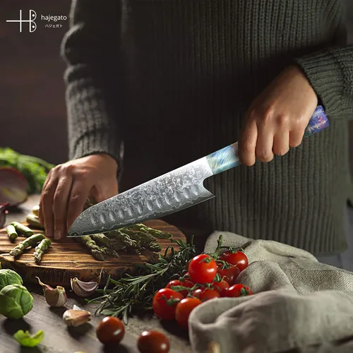 Vista 9 de Cuchillo de chef de Damasco Santoku único, de una pieza, mango profesional, cuchillo de cocina japonés de 7 pulgadas, VG10 de 67 capas de acero