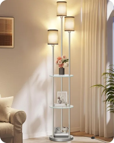 Vista 11 de Lámpara de pie con estantes, moderna lámpara de pie con 3 pantallas de lino e interruptor de pie, lámpara de pie de 3 luces, para sala de estar