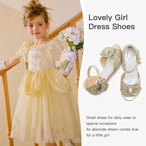 Vista 6 de Furdeour Zapatos de vestir para niñas, zapatos de niña de flores, tacones bajos, puntera abierta, boda, fiesta, escuela, niños pequeños y grandes