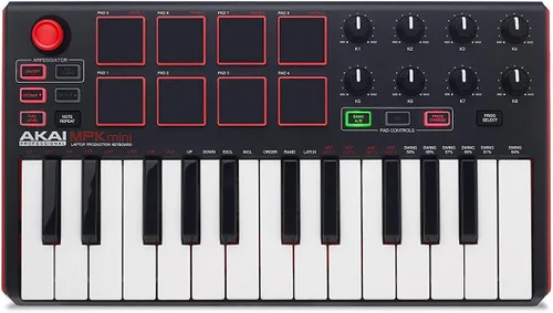 Vista 7 de Akai Controlador MIDI USB profesional MPK Mini Mk2 de 25 teclas con control de palanca, arpegiador incorporado, perillas asignables, incluye cable