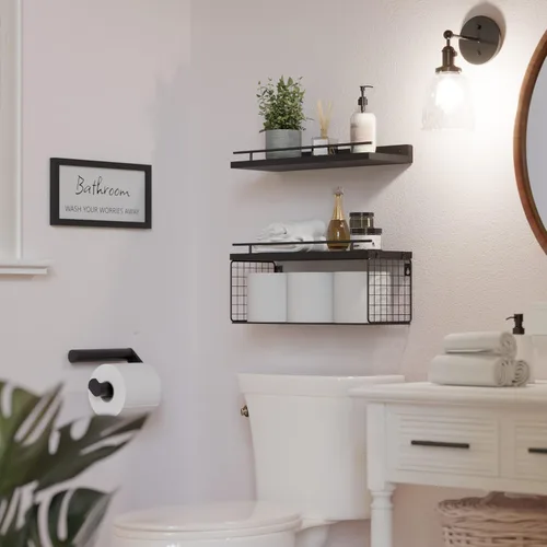 Vista 6 de WOPITUES Estantes Flotantes para Letrero de Decoración de Pared, Organizadores y Almacenamiento de Baño, Estantes de Baño Sobre el Inodoro con Negro