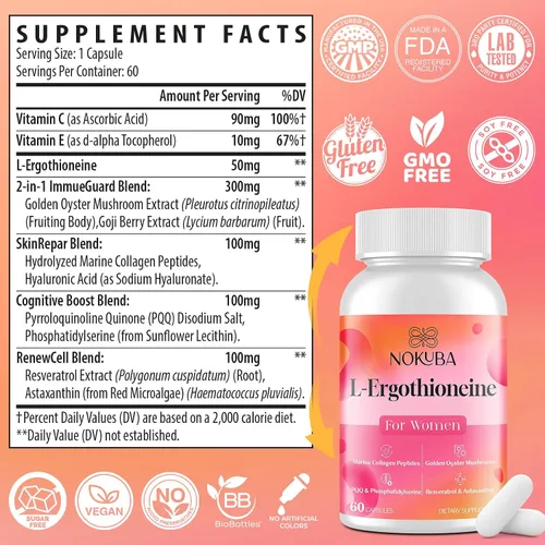 Vista 7 de L-ergotioneína con péptidos de colágeno, ácido hialurónico 2 veces antioxidante de glutatión Suplemento de hongos 11 en 1 para mujeres piel